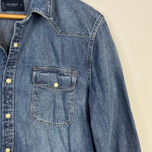 Lucky Brand Cotton Blue Jean Denim Western Cowboy Snap Long Sleeve Shirt Mens M - Picture 6 of 16